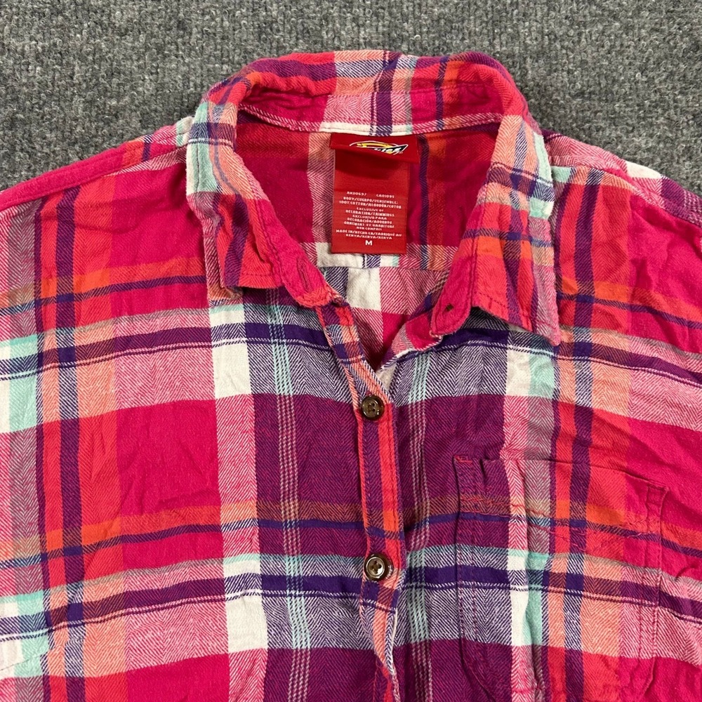 Dickies Button Down Shirt Womens Size M Pink Plaid Cotton Flannel Long Sleeve